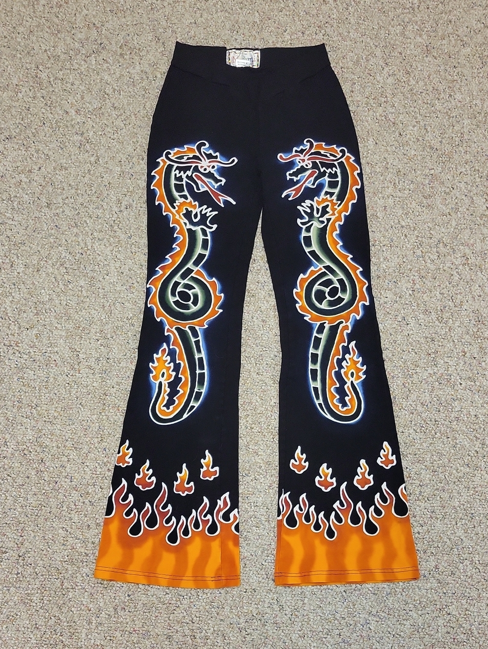 Designs By Naomi Black Dragon & Flame Flared Yoga Pants Medium Artsy Colorful